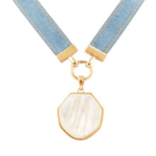 Load image into Gallery viewer, Blue Denim Dreams White Mother of Pearl Ribbon Golden Pendant Necklace
