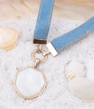 Load image into Gallery viewer, Blue Denim Dreams White Mother of Pearl Ribbon Golden Pendant Necklace
