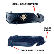 Load image into Gallery viewer, Denver Colorado Police 3-in-1 Tactical Rescue knife tool with Seatbelt Cutter, Steel Serrated Blade, Glass