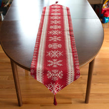 Load image into Gallery viewer, Snowflakes on Red Pattern Christmas Tablecloth Holiday Runner 76.5 Inches