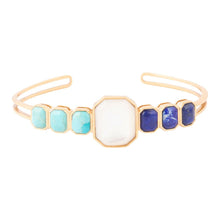 Load image into Gallery viewer, Dual Color Blue Lapis Turquoise and White Mother of Pearl Golden Cuff Bracelet