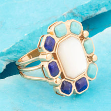 Load image into Gallery viewer, Dual Color Blue Lapis Turquoise and White Mother of Pearl Golden Ring