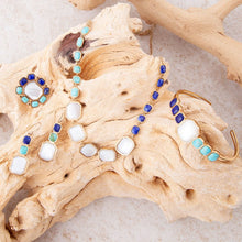 Load image into Gallery viewer, Dual Color Blue Lapis Turquoise and White Mother of Pearl Golden Cuff Bracelet