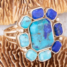 Load image into Gallery viewer, Duality Blue Lapis and Turquoise Golden Statement Ring