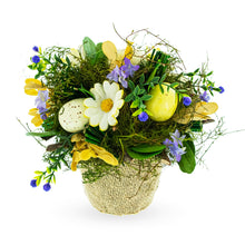 Load image into Gallery viewer, Easter Egg &amp; Floral Arrangement – Rustic Spring Tabletop Decor in Burlap Pot