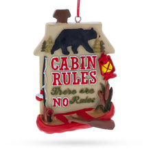 Load image into Gallery viewer, Rustic Cabin Rules Sign with Bear and Canoe Resin Christmas Ornament