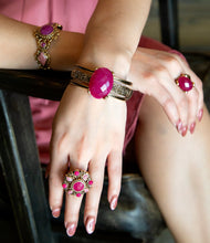 Load image into Gallery viewer, Embellished Pink Quartz Golden Cuff Bracelet