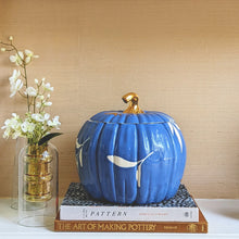 Load image into Gallery viewer, Layered Leaves Pumpkin Jars with 22K Gold Accents in French Blue