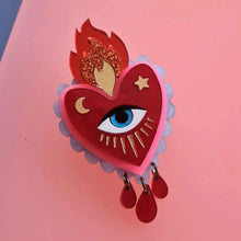 Load image into Gallery viewer, Flaming Heart Statement Brooch by Cherryloco - Red Pink