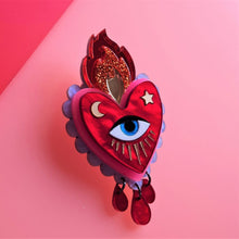 Load image into Gallery viewer, Flaming Heart Statement Brooch by Cherryloco - Red Pink