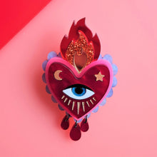 Load image into Gallery viewer, Flaming Heart Statement Brooch by Cherryloco - Red Pink