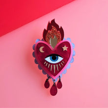 Load image into Gallery viewer, Flaming Heart Statement Brooch by Cherryloco - Red Pink