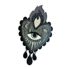 Load image into Gallery viewer, Flaming BLACK Heart Statement Brooch by Cherryloco