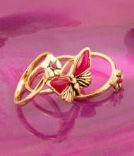Load image into Gallery viewer, Pink Fuchsia Agate Golden Butterflies Triple Ring Set
