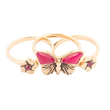 Load image into Gallery viewer, Pink Fuchsia Agate Golden Butterflies Triple Ring Set