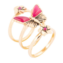 Load image into Gallery viewer, Pink Fuchsia Agate Golden Butterflies Triple Ring Set