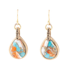 Load image into Gallery viewer, Blue and Orange Turquoise and Spiny Oyster Shell Stone Mix Golden Earrings