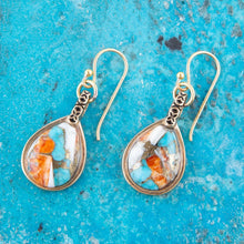 Load image into Gallery viewer, Blue and Orange Turquoise and Spiny Oyster Shell Stone Mix Golden Earrings