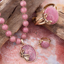 Load image into Gallery viewer, Gifted Pink Rhodonite Gold Bow Beaded Pendant Necklace