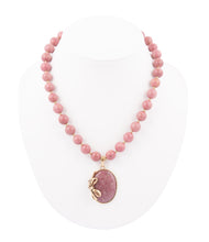Load image into Gallery viewer, Gifted Pink Rhodonite Gold Bow Beaded Pendant Necklace
