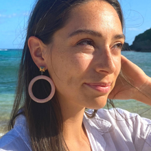 Load image into Gallery viewer, White Speckled with Brass Nailhead Donut Drop Earrings