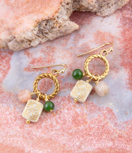 Load image into Gallery viewer, Green Jade and Pink Sunstone Golden Drop Earrings