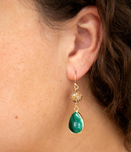 Load image into Gallery viewer, Jeweled Green Malachite Golden Drop Earrings