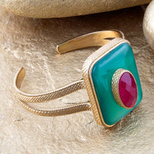 Load image into Gallery viewer, Green Onyx Stacked Red Quartz Golden Cuff Bracelet