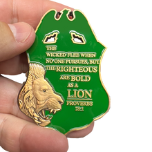 Load image into Gallery viewer, GL5-001 CBP Border Patrol Agent Thin Green Line Flag Challenge Coin BPA Proverbs 28:1 Lion