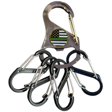 Load image into Gallery viewer, Thin Green Line Border Patrol Carabiner Keychain with 4 carabiner clips and bottle opener function Marines Army Veteran