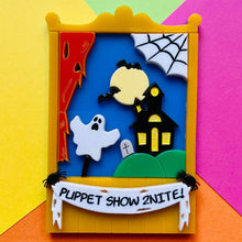 Load image into Gallery viewer, Creepy Funfair Collection - Scary Puppet Show Acrylic Brooch by Makokot Design