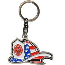 Load image into Gallery viewer, EL11-010 Maltese Cross Fire Department Helmet Bottle Opener keychain Thin Red Line Flag Challenge Coin Fire Fighter