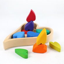 Load image into Gallery viewer, 10-Piece Stained Wooden Rainbow Heart Stacking Puzzle Blocks