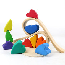 Load image into Gallery viewer, 10-Piece Stained Wooden Rainbow Heart Stacking Puzzle Blocks
