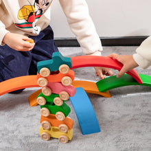 Load image into Gallery viewer, 7 Pcs Colored Wooden Rainbow Cars Set with 3 pcs Peg Dolls