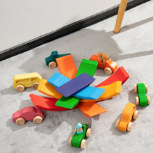 Load image into Gallery viewer, 7 Pcs Colored Wooden Rainbow Cars Set with 3 pcs Peg Dolls
