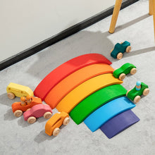 Load image into Gallery viewer, 7 Pcs Colored Wooden Rainbow Cars Set with 3 pcs Peg Dolls