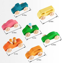 Load image into Gallery viewer, 7 Pcs Colored Wooden Rainbow Cars Set with 3 pcs Peg Dolls