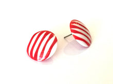 Load image into Gallery viewer, Cherry Red &amp; White Stripe Pin Stripe Disc Stud Earrings