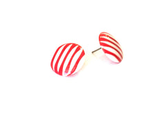 Load image into Gallery viewer, Cherry Red &amp; White Stripe Pin Stripe Disc Stud Earrings