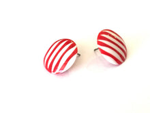 Load image into Gallery viewer, Cherry Red &amp; White Stripe Pin Stripe Disc Stud Earrings