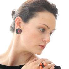 Load image into Gallery viewer, Coral Orange &amp; Black Marbled Lucite Disc Stud Earrings