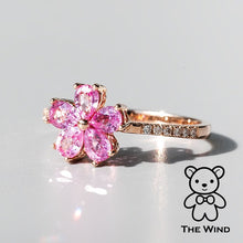 Load image into Gallery viewer, Pink Sapphire Diamond Sakura Cherry Blossom Flower Engagement Ring 18K Rose Gold Promise Ring for Couples