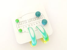 Load image into Gallery viewer, Mint Green &amp; Yellow Marbled Hoop and Stud Earrings Set | Vintage Lucite Post Earrings
