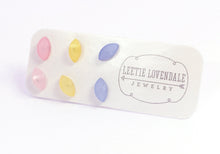 Load image into Gallery viewer, Marquis Moonglow Pastel Tone Stud Earring Set - Lucite Post Earrings - Pink Light Blue Yellow