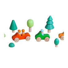 Load image into Gallery viewer, 7 Pcs Colored Wooden Rainbow Cars Set with 3 pcs Peg Dolls