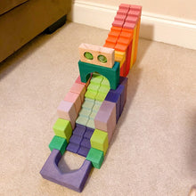 Load image into Gallery viewer, **Pre-order (Ships in 2-3 Weeks)**12-Piece Stained Stepped Roof Building Block Set — Primary Rainbow Colors