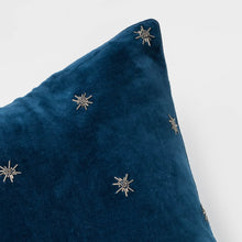 Load image into Gallery viewer, Embroidered star pillow, navy cotton velvet