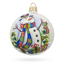 Load image into Gallery viewer, Snowman with Christmas Tree and Gifts Glass Ball Ornament 3.25 Inches