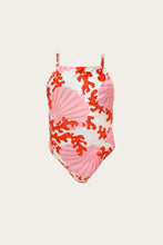 Load image into Gallery viewer, One-piece swimsuit with coral and shell pattern on a light background